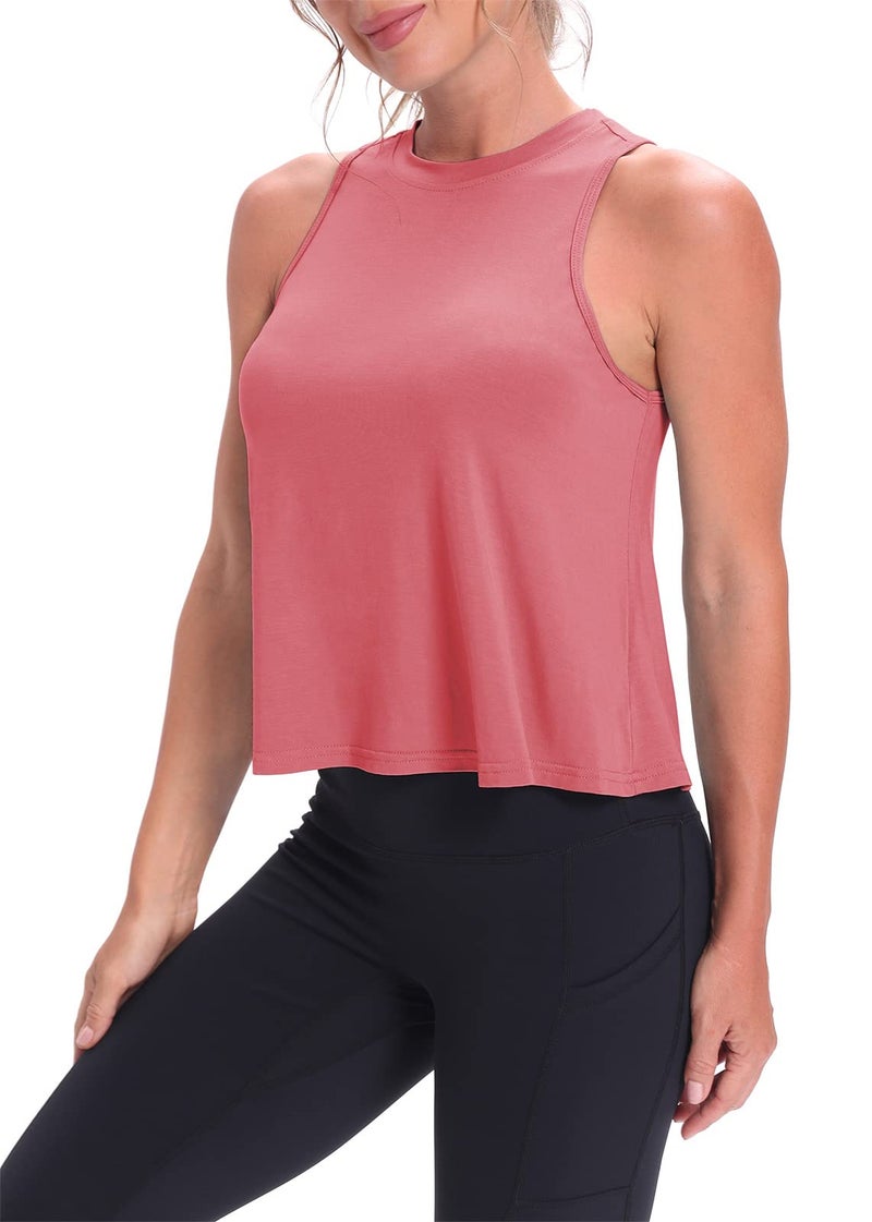 Mippo Cropped Workout Tops for Women Workout Shirts Sleeveless Tank Flowy Loose Crop High Neck Tank Tops Rose M - Image 5
